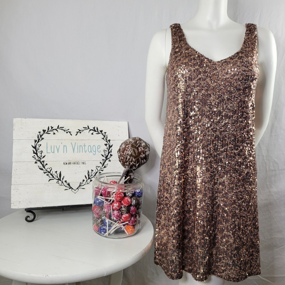 Gibson Womens XS Bronze Sequin V-Neck Sleeveless Shift Cocktail Party Mini Dress